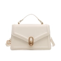 Minimalist white leather small square handbag with golden rotating metal lock and top handle - White