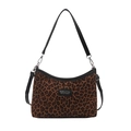 Chic leopard print shoulder bag with black leather straps and embroidered front label - Leopard Brown