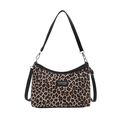 Vintage leopard print shoulder bag with black PU trim and adjustable strap on white background - Leopard Khaki