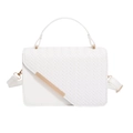White woven crossbody bag with diagonal flap and gold metallic bar accent on white background - White