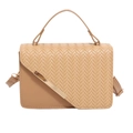 Light brown crossbody bag with V-shaped woven texture and golden metal bar detail - Khaki