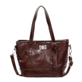 Dark brown faux leather trapezoid bucket bag with silver twist lock and crossbody strap - Coffee