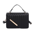 Classic black handbag featuring a unique V-shaped woven flap and elegant gold metal trim - Black
