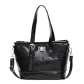 Black glossy bucket bag with silver buckle and detachable shoulder strap on white background - Black