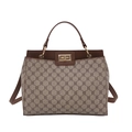 Vintage bruine leren emmertas met monogrampatroon en goudkleurige draaisluiting - Khaki