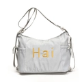 Light gray canvas hobo bag with yellow Hai embroidery on front for women - Gray