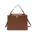 Elegant brown pebbled leather handbag with gold V-buckle for daily commuting use - Brown