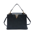Elegant black lychee grain handbag with gold V-shaped metal logo and top handle strap - Black