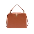 Elegant orange-brown pebbled leather handbag with gold V-buckle and versatile straps - Orange