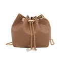 Brown woven bucket bag with gold chain strap and pearl accents on a white background - Khaki