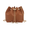 Caramel woven bucket bag with gold chain drawstring and pearl accents for women - Brown