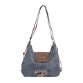 Retro grijze canvas schoudertas met bruine lederen flap en sterrenprint - Blauw