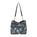 Grande borsa tote con teschio e fiori viola su tessuto di nylon scuro impermeabile - Verde