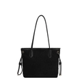 Elegante borsa tote in peluche nera con manici in pelle e dettagli con coulisse laterali - Nero