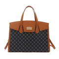 Retro large capacity tote bag with brown leather trim and golden lock buckle - Black