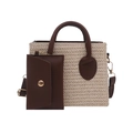 Elegante bolso de paja tejida con adornos de cuero marrón y pequeño bolso colgante - Marrón