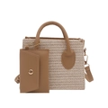 Conjunto de bolso tote tejido crema con asas de cuero marrón y estuche pequeño - Caqui