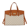 Contrast vintage pattern handbag with brown leather trim and golden metal clasp closure - White
