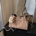 Brown suede tote bag with leather strap, turn-lock closure and cute plush bear charm - Khaki with Pendant