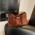 Deep brown matte suede tote bag with metal twist lock and slim shoulder strap - Coffee No Pendant