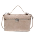 Beige matte suede crossbody bag with silver heart zipper and top handle detail - Khaki