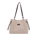 Minimalist cream tote bag with brown straps and side cord details on white background - White