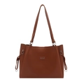 Minimalist brown leather tote bag with large capacity and drawstring silver ring accents - Brown