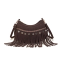 Dunkelbraune Wildleder-Umhängetasche im Boho-Stil mit langen Fransen und Stickerei-Details - Braun
