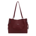 Classic dark red faux leather tote bag with shoulder straps and side drawstring details - Red