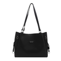 Classic black PU leather tote bag with long double straps and silver metal rings - Black