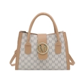 Borsa beige e bianca con stampa M, fibbia in metallo dorato e doppio manico top - Bianco
