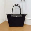 Classic black nylon tote bag with brown leather trim and golden snap button closure - Black