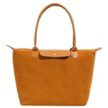 Grande borsa tote in pelle scamosciata caramello con manici in pelle vista frontale classica - Marrone
