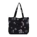 Grande borsa tote in tela nera con stampa floreale bianca per uso quotidiano - Nero