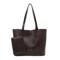 Large dark brown faux leather tote bag with matching inner pouch and gold lettering - Brown