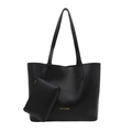Classic black oil leather tote bag for women with matching mini pouch and gold logo - Black