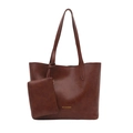 Large dark brown PU leather tote bag set with matching pouch and gold lettering - Brown