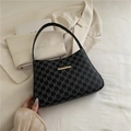 Vintage black leather shoulder bag with grey M-pattern and gold hardware for women - Black