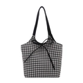 Retro plaid tote bag with black bow decoration and large capacity for casual shoulder wear - Black Reverse