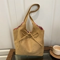 Borsa tote vintage in pelle scamosciata marrone con fodera a scacchi e dettaglio fiocco - Cachi