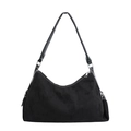 Retro black faux suede crescent shoulder bag with leather strap and silver zipper detail - Black