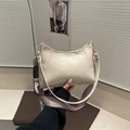 Minimalist cream crescent shoulder bag with a vintage geometric jacquard wide strap - Khaki