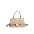 Fashionable beige quilted leather crossbody bag with top handle and gold rotary lock buckle - Khaki