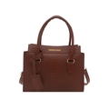 Brown crocodile embossed top-handle bag with adjustable strap and golden hardware - Dark Brown