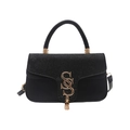 Bolso bandolera vintage negro con textura de serpiente y colgante con logo dorado - Negro