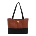Stylish brown and black color-block bucket bag with a metal triangular emblem - No Pendant / Brown