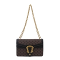 Retro monogram schoudertas met ketting in donkerbruin en zwart leer en gouden gesp - Bruin