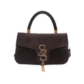 Brown faux snake skin crossbody bag with gold logo and tassel accent for women - Brown