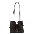 Brown leather tote bag with long shoulder straps and drawstring side details for women - Coffee