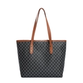 Classic retro printed tote bag with brown leather handles and vintage monogram pattern - Style One (FD8101MXD) / Black